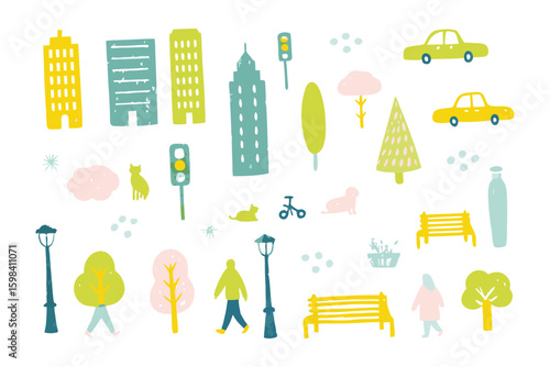 Whimsical Urban Sketch: A delightful collection of hand-drawn illustrations, showcasing a vibrant cityscape with buildings, trees, vehicles, and pedestrians, evoking a sense of playful urban life.