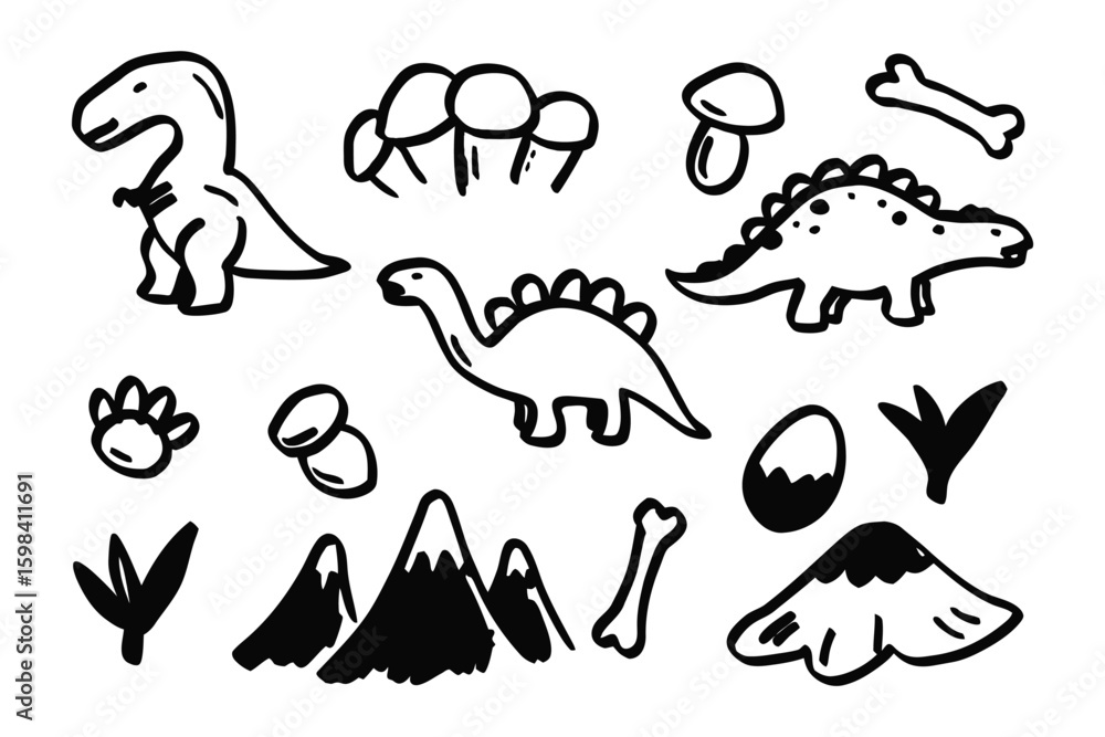 Naklejka premium Dinosaur doodles: Whimsical outlines of various dinosaurs and prehistoric elements in a charming doodle style, perfect for playful designs and creative projects.