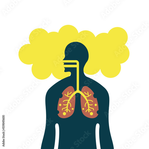 Flat vector icon of asbestosis symptoms: cough, chest pain, breathlessness. Includes related lung diseases like silicosis and pulmonary fibrosis. silhouette man