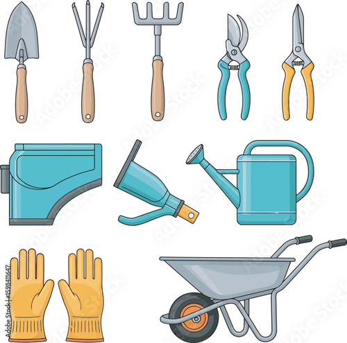 Illustration of various gardening tools including a trowel, rakes, pruners, seed spreader, watering can, gloves, and a wheelbarrow.