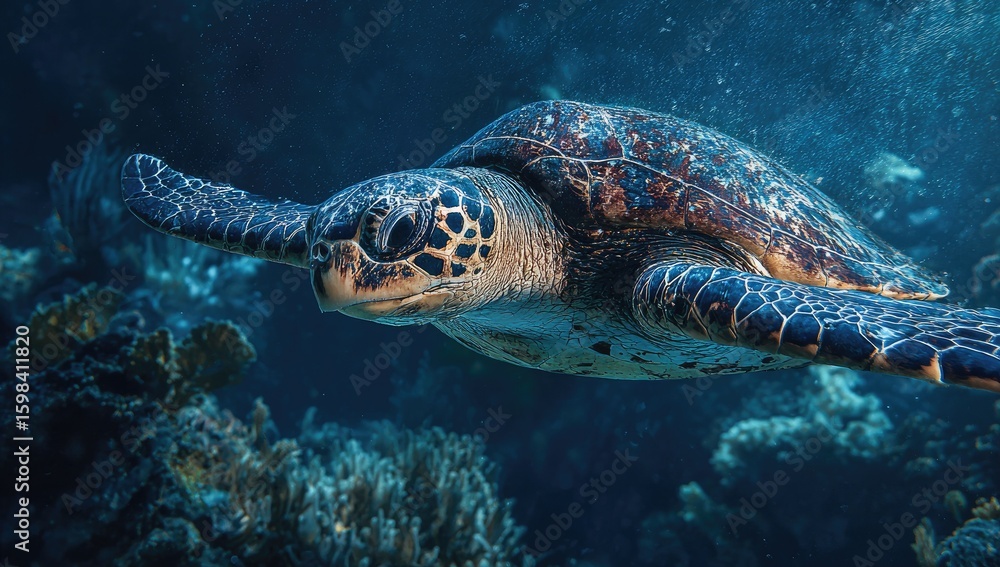 Obraz premium Sea turtle swimming amidst vibrant coral reef