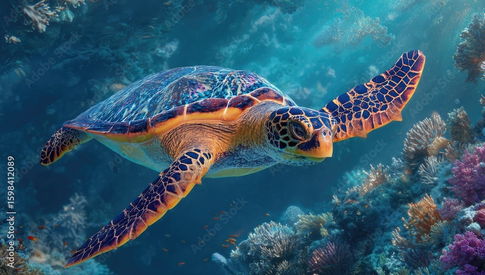 Fototapeta premium Sea turtle in vibrant coral reef