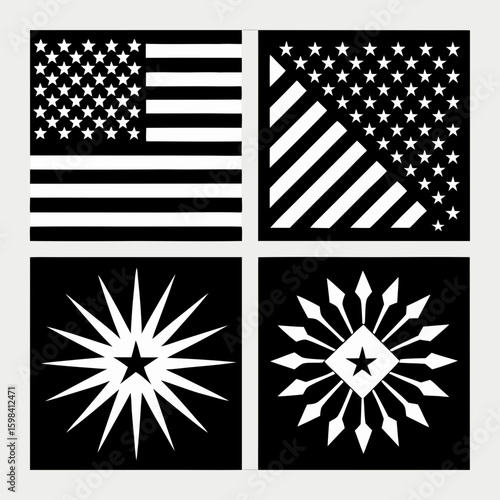 Four panels featuring abstract and stylized american flag designs and star motifs