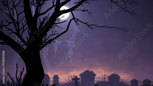 満月を背に舞うコウモリのハロウィンループ背景、不気味な墓地と月夜のコウモリアニメーション