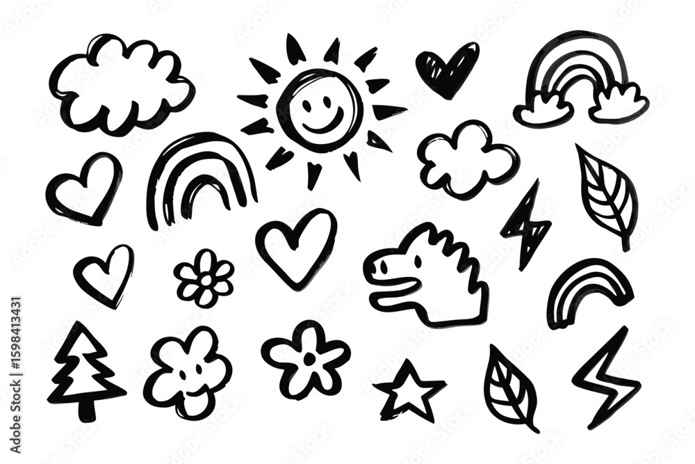 Fototapeta premium Joyful Sketchbook: A collection of hand-drawn elements including smiling sun, clouds, hearts, rainbows, a flower, leaves, and star create a whimsical, childlike illustration.