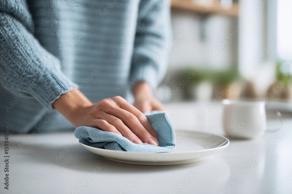 Fototapeta premium Close-up of hands using a microfiber cloth to clean a white plate on a kitchen counter, emphasizing home cleanliness.