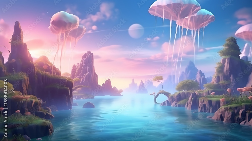 custom made wallpaper toronto digitalA glowing surreal landscape of floating islands above a shimmering ocean, soft pastel sky blending pinks and blues, swirling light particles drifting through the air.