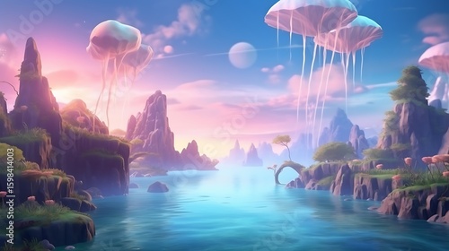 Wallpaper Mural A glowing surreal landscape of floating islands above a shimmering ocean, soft pastel sky blending pinks and blues, swirling light particles drifting through the air. Torontodigital.ca
