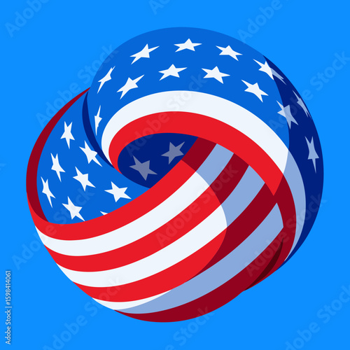 Abstract mobius strip formed by american flag colors and stars on a blue background