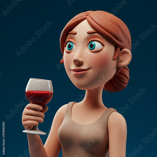 Animated woman smiling while holding a glass of red wine  