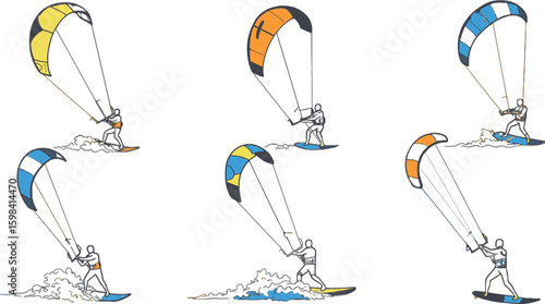 Vector art of a vibrant illustration of kiteboarders in action on the water, isolated on white background