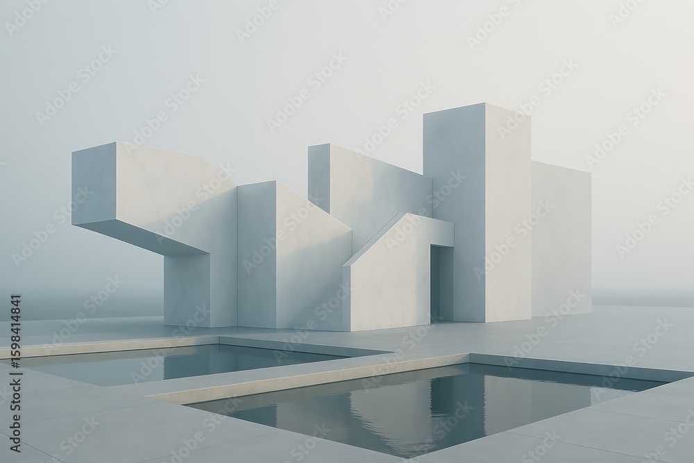 A minimalist architectural marvel showcases clean lines and geometric forms, complemented by tranquil reflecting pools and a subtle, atmospheric ambiance. A minimalist architectural marvel showcases clean lines and geometric forms, complemented by tranquil reflecting pools and a subtle, atmospheric ambiance.