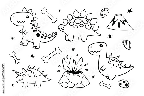 Dinosaur World: A captivating illustration of playful dinosaur characters, whimsical volcanoes, and fossil bones, inviting a journey back to a prehistoric era.