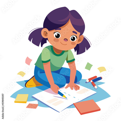 Young girl concentrating on drawing and coloring