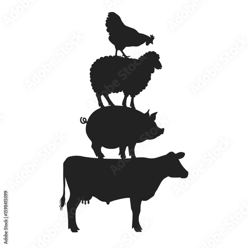 Black silhouette farm animals stacked on white background 1