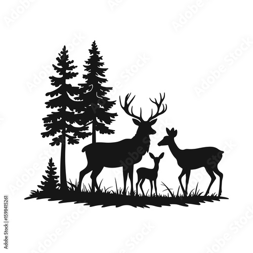 Black silhouette of deer family and pine trees fawn
