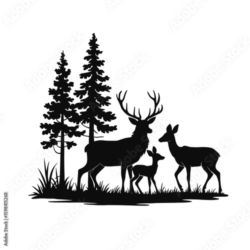 Black silhouette of deer family in pine forest fawn