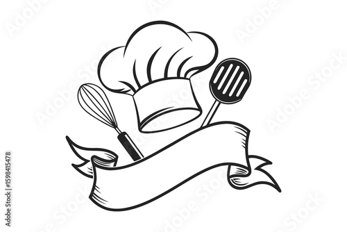 Hand drawn sketch of a chef s hat with whisk and spatula and a blank banner for text silhouette isolated on white background