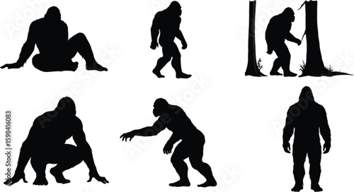 Vector art of silhouetted bigfoot figures sitting, squatting, and interacting with trees isolated on white background