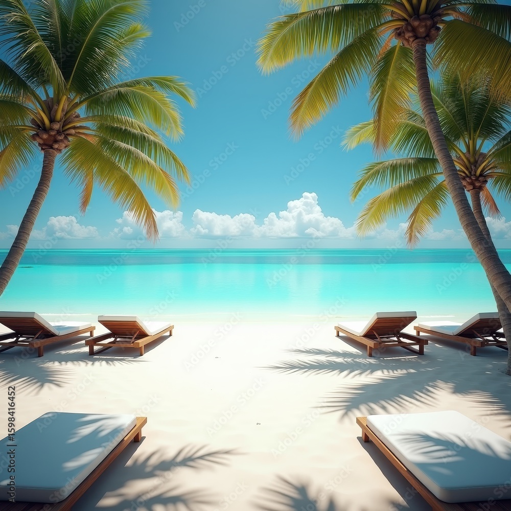 Obraz premium Tropical Beach with Palm Trees and Sunbeds, No People