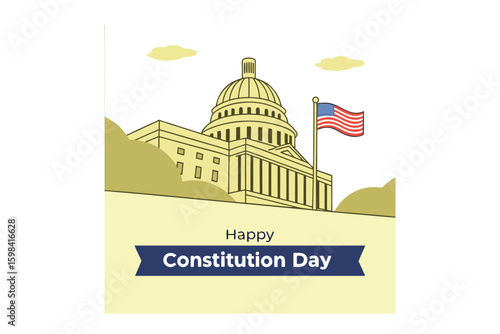 Illustration of the united states capitol building with american flag and happy constitution day text isolated on white background silhouette