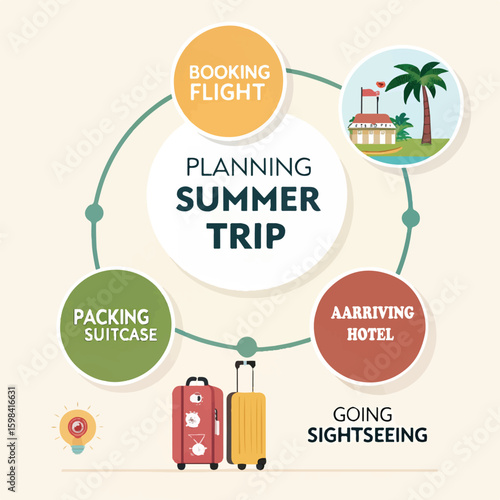 Infographic-style vector showing steps for planning a summer trip: booking flight, packing suitcase, arriving at hotel, and sightseeing.
