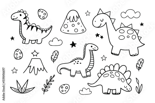Dinosaur Illustrations: Charming line art illustrations featuring friendly dinosaur characters, perfect for adding a touch of prehistoric fun to any creative project.