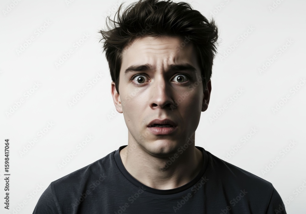 Fototapeta premium Intense anxiety displayed in portrait of a young man with wide panicked eyes