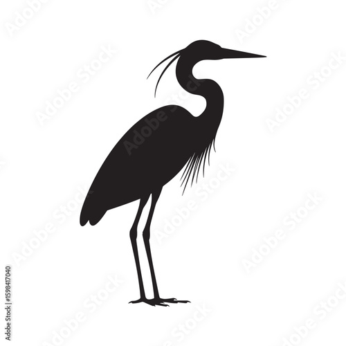 Elegant heron bird silhouette vector icon. Minimalist standing egret or crane graphic illustration for logo design. Isolated black waterbird drawing on a white background.