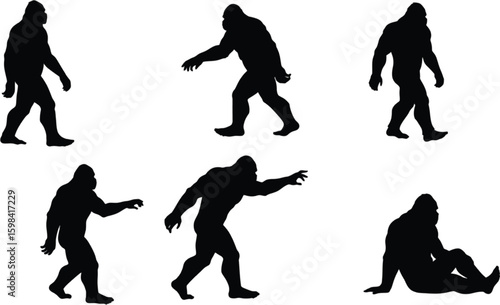 Vector art of silhouettes of bigfoot walking and reaching isolated on white background