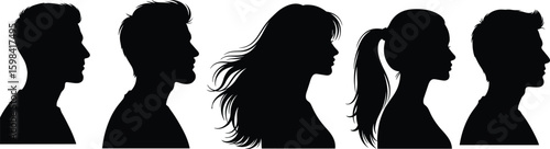 Black silhouette profiles of diverse individuals facing left, side view, isolated on white background, graphic headshot art, vector illustration design