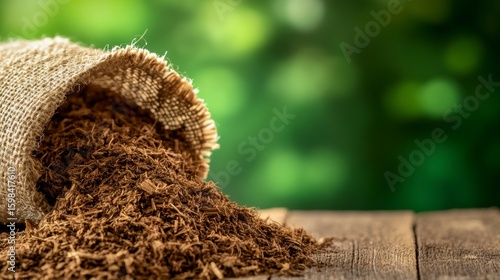 Wallpaper Mural Brown organic matter spilling from burlap sack on wooden surface, blurred green background. Torontodigital.ca