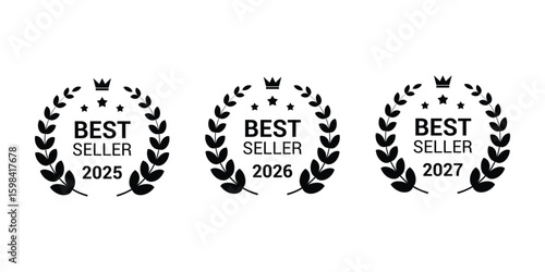 Best seller icon designs set with laurel, Set of badge best seller, best choice, best price, best quality. 2025, 2026, 2027, badge logo template isolated on white background.