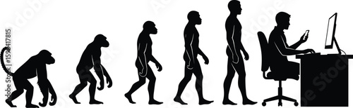 Evolution of humans from primates to modern technology users, walking to seated posture, symbolizing growth, transformation, development, and progress