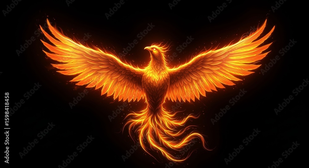 Majestic phoenix soaring with fiery wings, radiating light on a dark backdrop Majestic phoenix soaring with fiery wings, radiating light on a dark backdrop