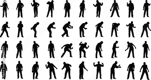 Silhouette collection of dynamic human figures in various poses, gestures, standing, sitting, active motion, vector illustration, black design, white background