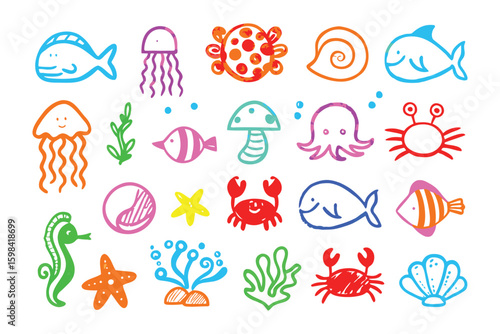 Whimsical Sea Creatures: A colorful, crayon-style illustration showcases a collection of delightful sea creatures, perfect for children's designs, educational materials, and playful projects.