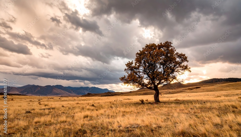 Obraz premium Lone tree in golden field, stormy sky