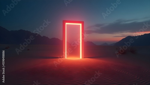  Mysterious Red Neon Light Portal in Desert Landscape at Twilight, Symbolizing Gateway, Future, and Science Fiction Concepts