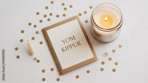 A yom kippur card with a lit candle and gold confetti symbolizing the day of atonement