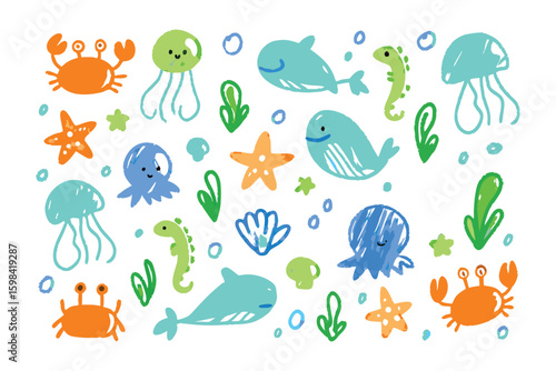 Ocean life icons: Vibrant icons of sea creatures. Showcasing a collection of charming, hand-drawn aquatic animals, including whales, crabs, jellyfish, seahorses, and starfish.