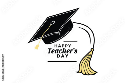 Black graduation cap silhouette with tassel and happy teacher s day text isolated on white background