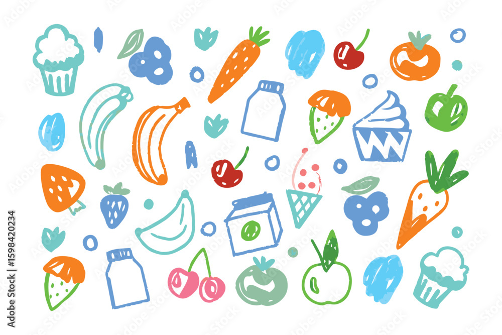 Obraz premium Hand-Drawn Culinary Collage: A whimsical, childlike array of hand-drawn culinary delights, from succulent fruits to creamy desserts, all playfully arranged, sparking joy and appetite.