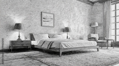 Grayscale bedroom interior sketch, rustic style