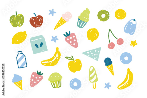 Colorful Food Icons: A playful assortment of hand-drawn food icons creates a vibrant and cheerful composition, showcasing a variety of delicious treats and fruits.