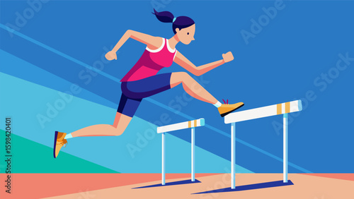 A hurdler flawlessly leaping over the virtual hurdles in the VR 110 meter hurdle race.. Vector illustration