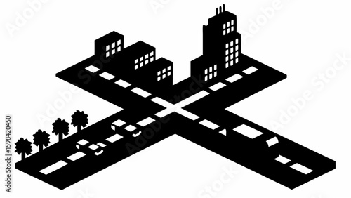 Isometric city intersection with buildings, trees, and cars in a black and white monochrome illustration