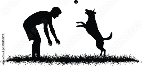 Silhouette of person playing fetch with dog, outdoor activity scene, jumping motion, pet bonding, summer joy, grass field, leisure moment