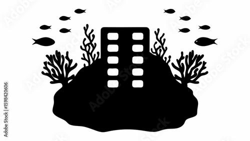 Silhouette of building on a reef surrounded by coral and swimming fish in black and white style