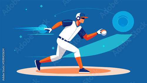 A baseball pitcher uses VR to analyze their pitch velocity release angle and trajectory to make adjustments and improve their performance on the. Vector illustration